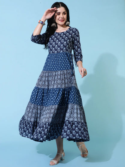 Cotton Calf Length Flared 3/4 Sleeves Printed Round Neck Kurta