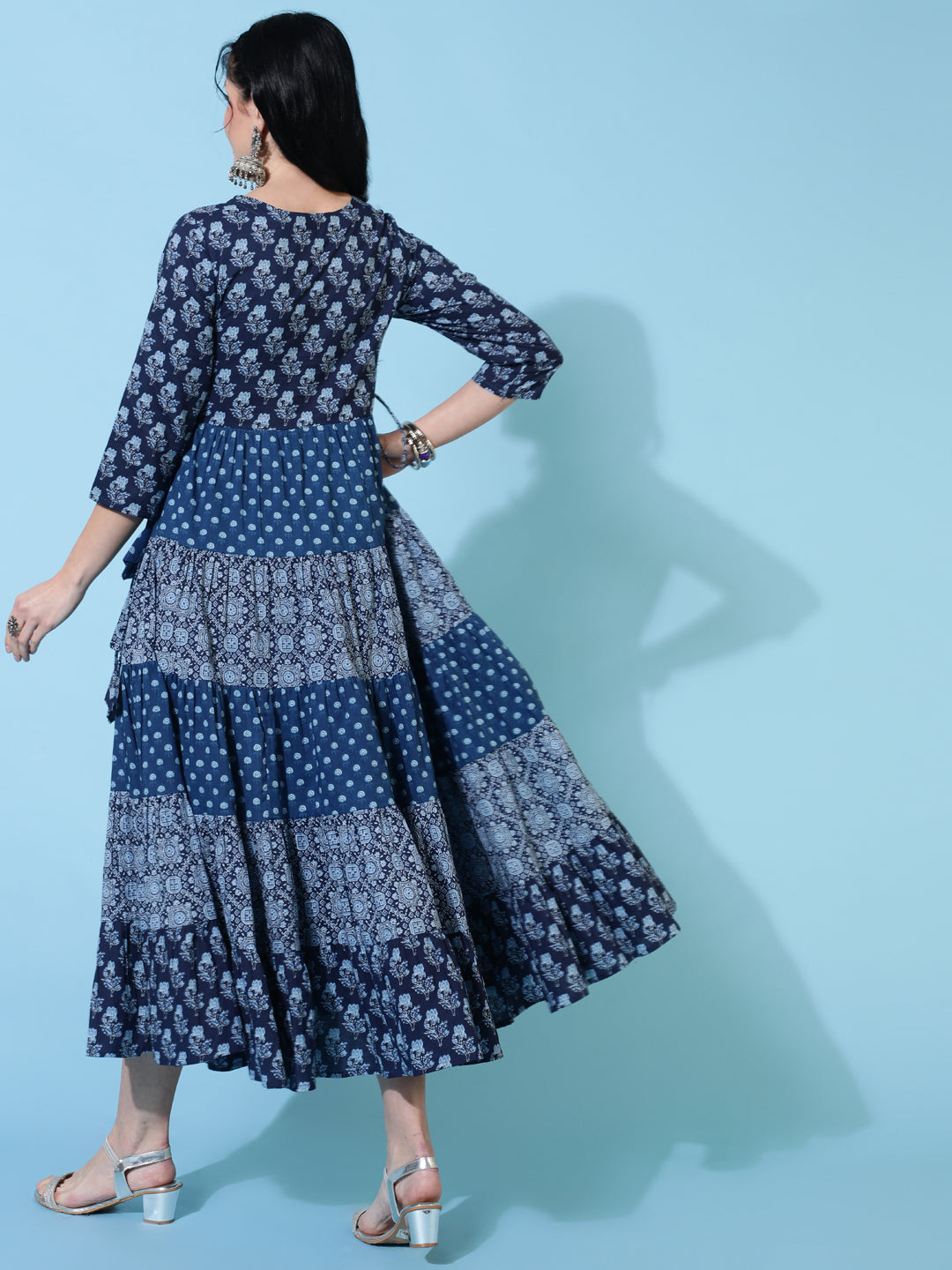 Cotton Calf Length Flared 3/4 Sleeves Printed Round Neck Kurta