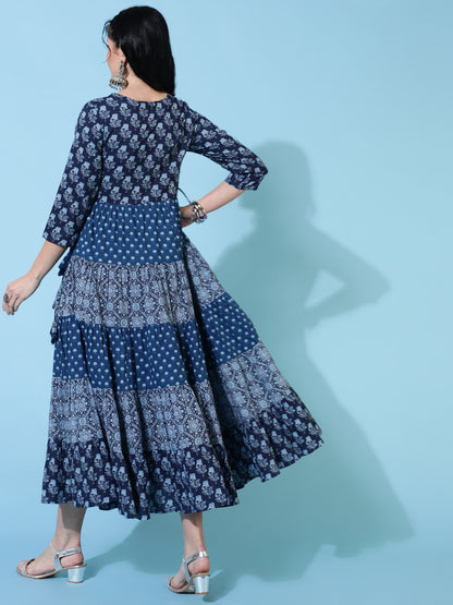 Cotton Calf Length Flared 3/4 Sleeves Printed Round Neck Kurta