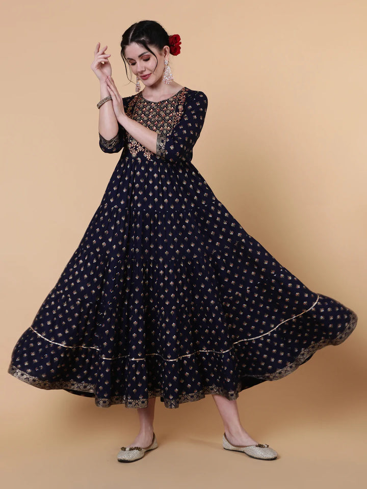 Rayon Calf Length Flared 3/4 Sleeves Printed Round Neck Kurta