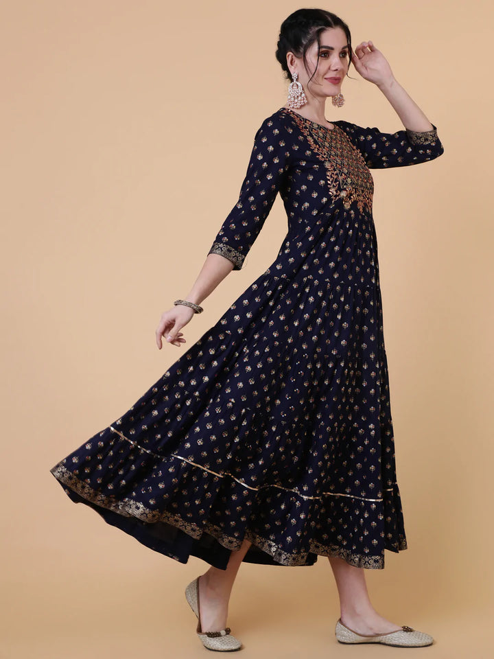 Rayon Calf Length Flared 3/4 Sleeves Printed Round Neck Kurta