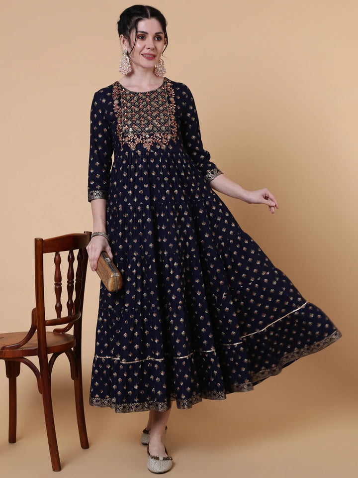Rayon Calf Length Flared 3/4 Sleeves Printed Round Neck Kurta