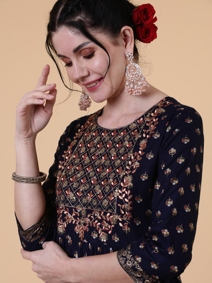 Rayon Calf Length Flared 3/4 Sleeves Printed Round Neck Kurta