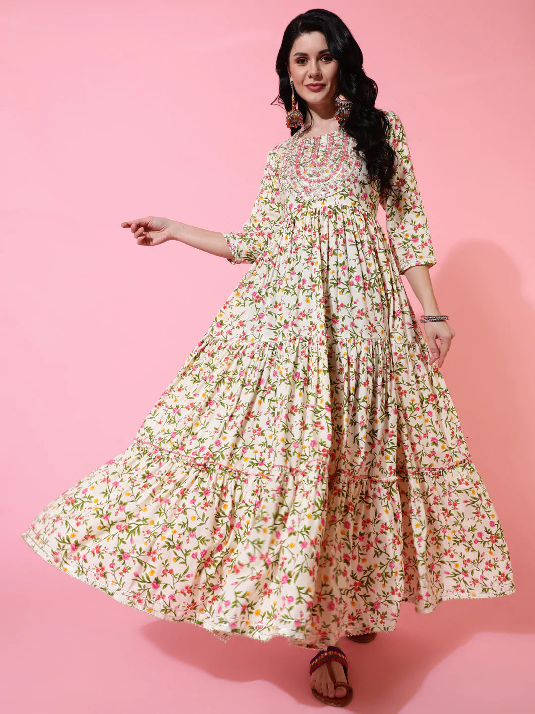 Rayon Full Length Flared 3/4 Sleeves Printed Round Neck Kurta