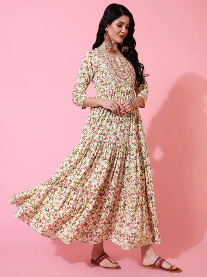 Rayon Full Length Flared 3/4 Sleeves Printed Round Neck Kurta