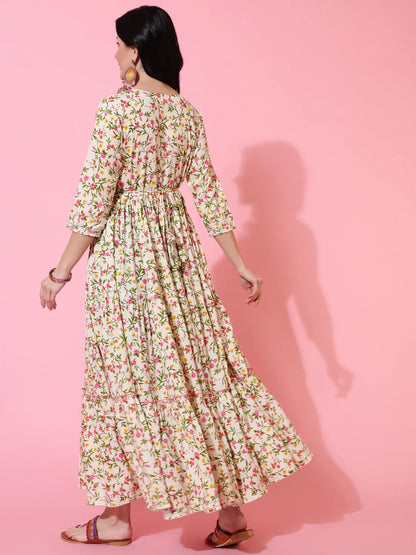 Rayon Full Length Flared 3/4 Sleeves Printed Round Neck Kurta