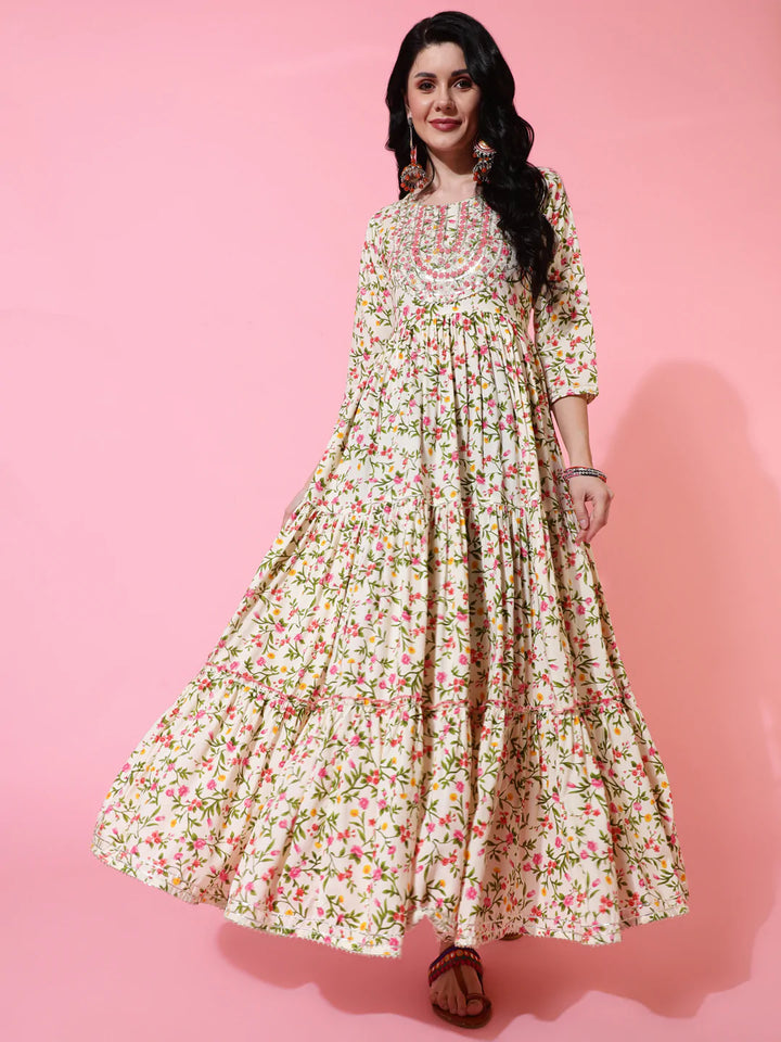 Rayon Full Length Flared 3/4 Sleeves Printed Round Neck Kurta
