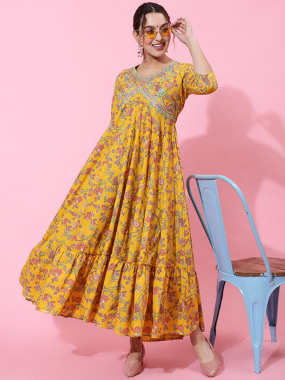 Cotton Ankle Length Printed Flared 3/4 Sleeves V-Neck Kurta