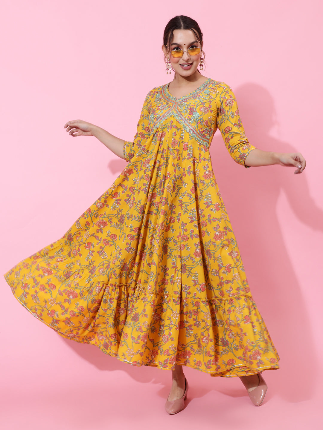 Cotton Ankle Length Printed Flared 3/4 Sleeves V-Neck Kurta