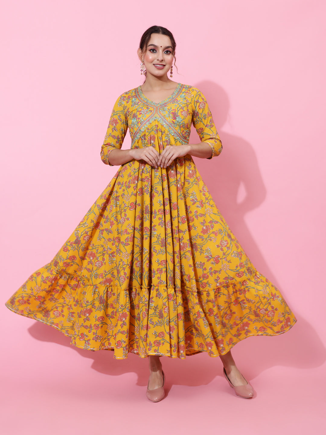 Cotton Ankle Length Printed Flared 3/4 Sleeves V-Neck Kurta