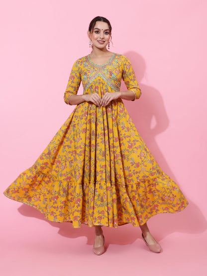 Cotton Ankle Length Printed Flared 3/4 Sleeves V-Neck Kurta