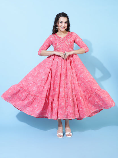 Cotton Ankle Length Printed Flared 3/4 Sleeves V-Neck Kurta