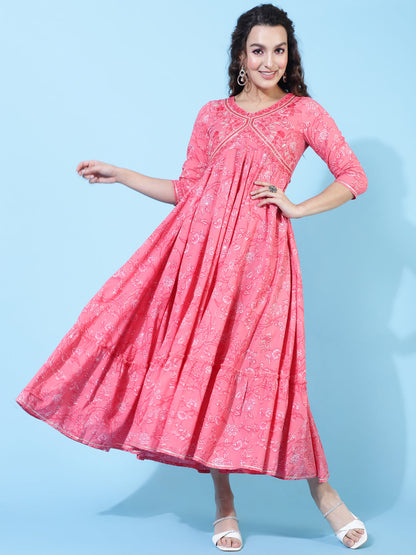 Cotton Ankle Length Printed Flared 3/4 Sleeves V-Neck Kurta