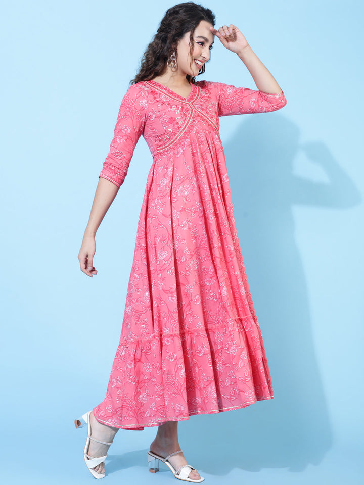 Cotton Ankle Length Printed Flared 3/4 Sleeves V-Neck Kurta