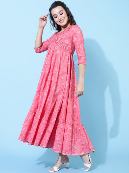 Cotton Ankle Length Printed Flared 3/4 Sleeves V-Neck Kurta