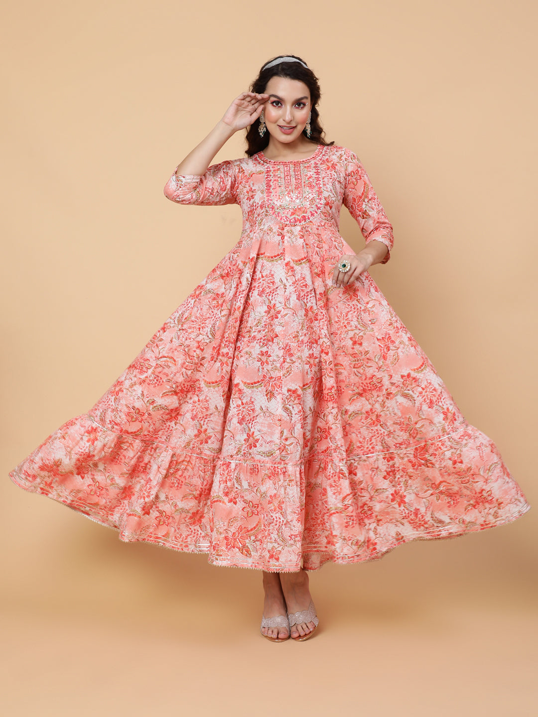 Rayon Ankle Length Printed Flared 3/4 Sleeves Round Neck Kurta