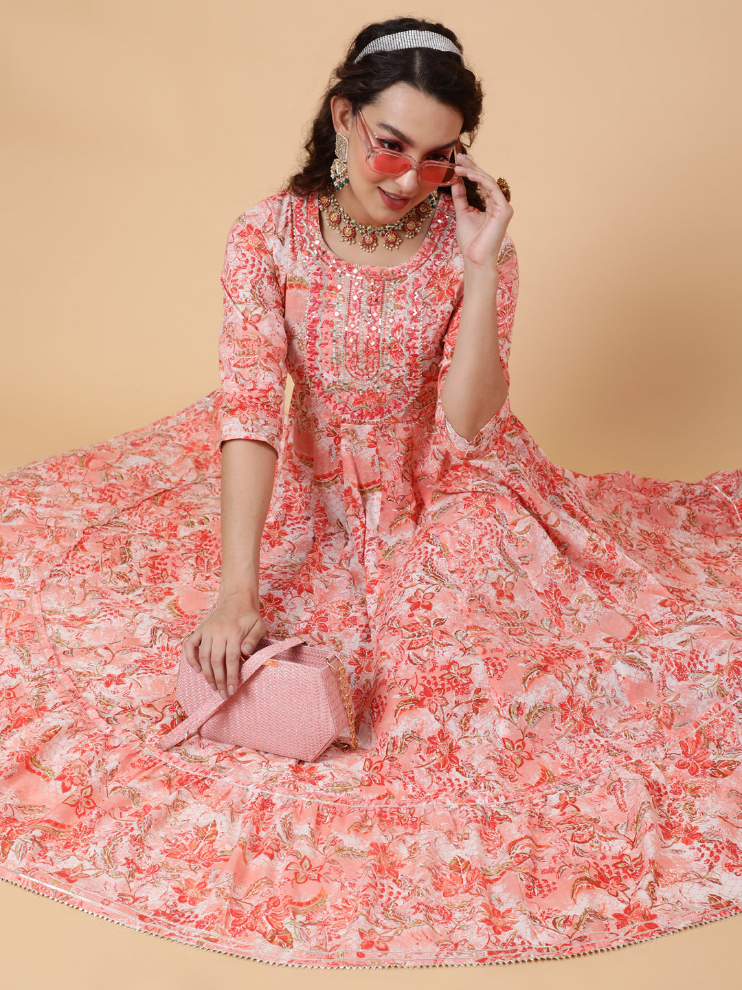 Rayon Ankle Length Printed Flared 3/4 Sleeves Round Neck Kurta