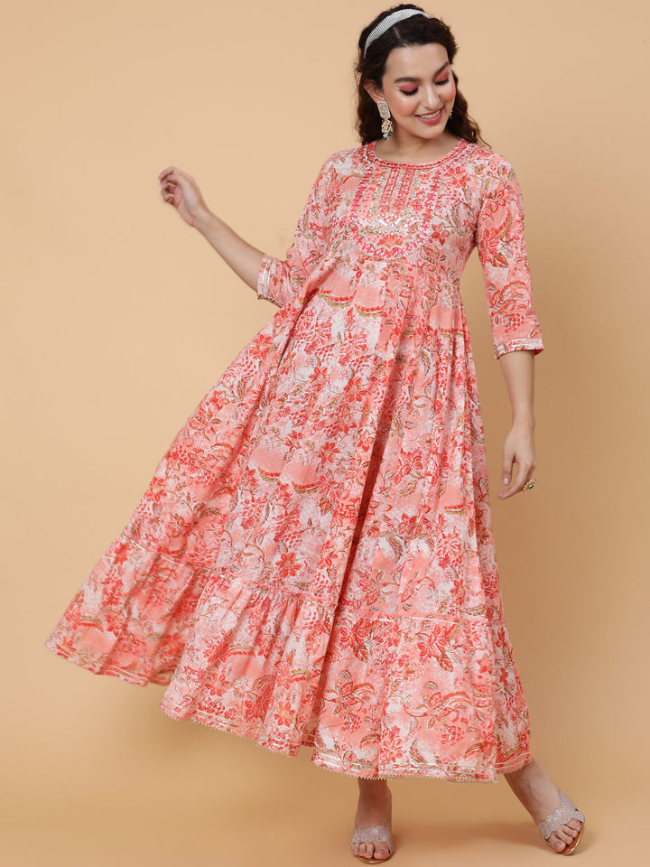 Rayon Ankle Length Printed Flared 3/4 Sleeves Round Neck Kurta