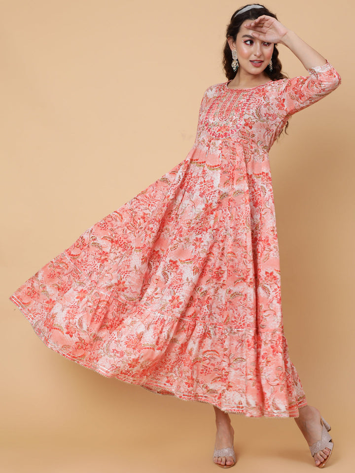 Rayon Ankle Length Printed Flared 3/4 Sleeves Round Neck Kurta