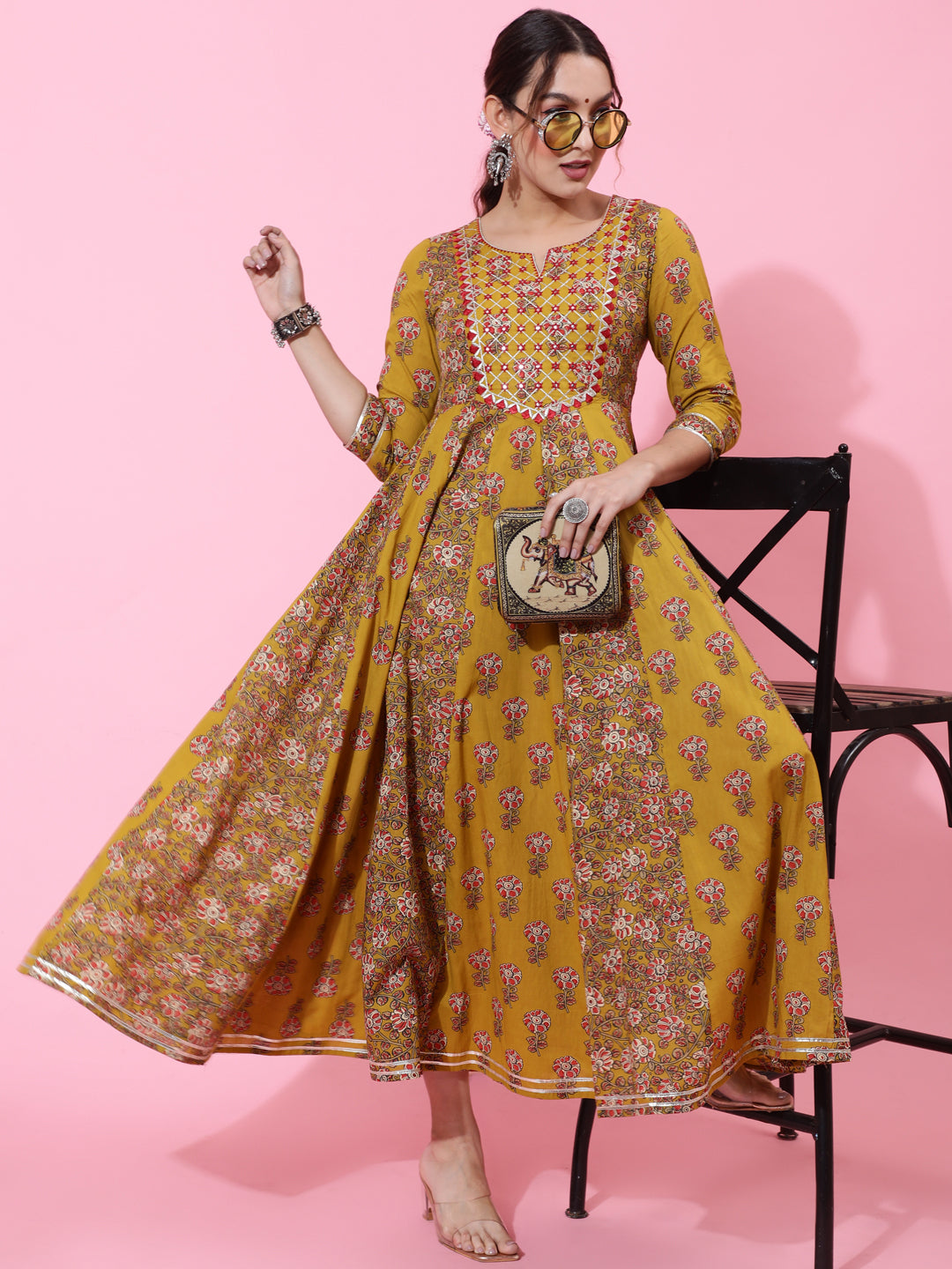 Cotton Ankle Length Printed Flared 3/4 Sleeves Round Neck Kurta