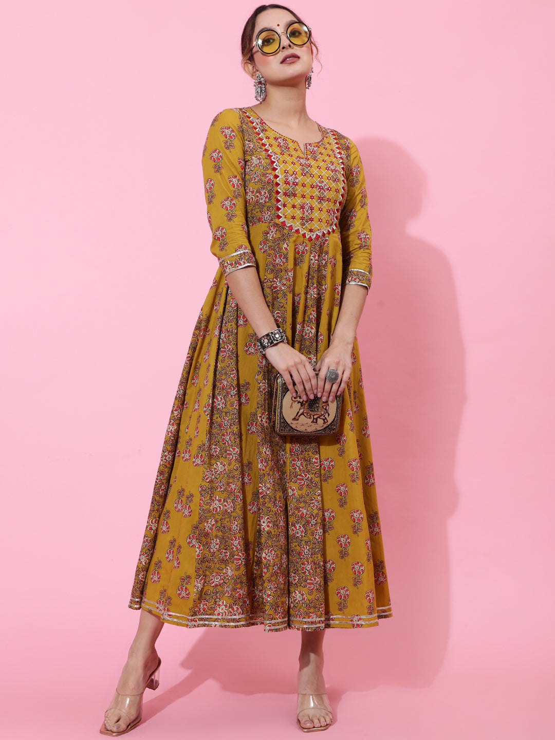 Cotton Ankle Length Printed Flared 3/4 Sleeves Round Neck Kurta