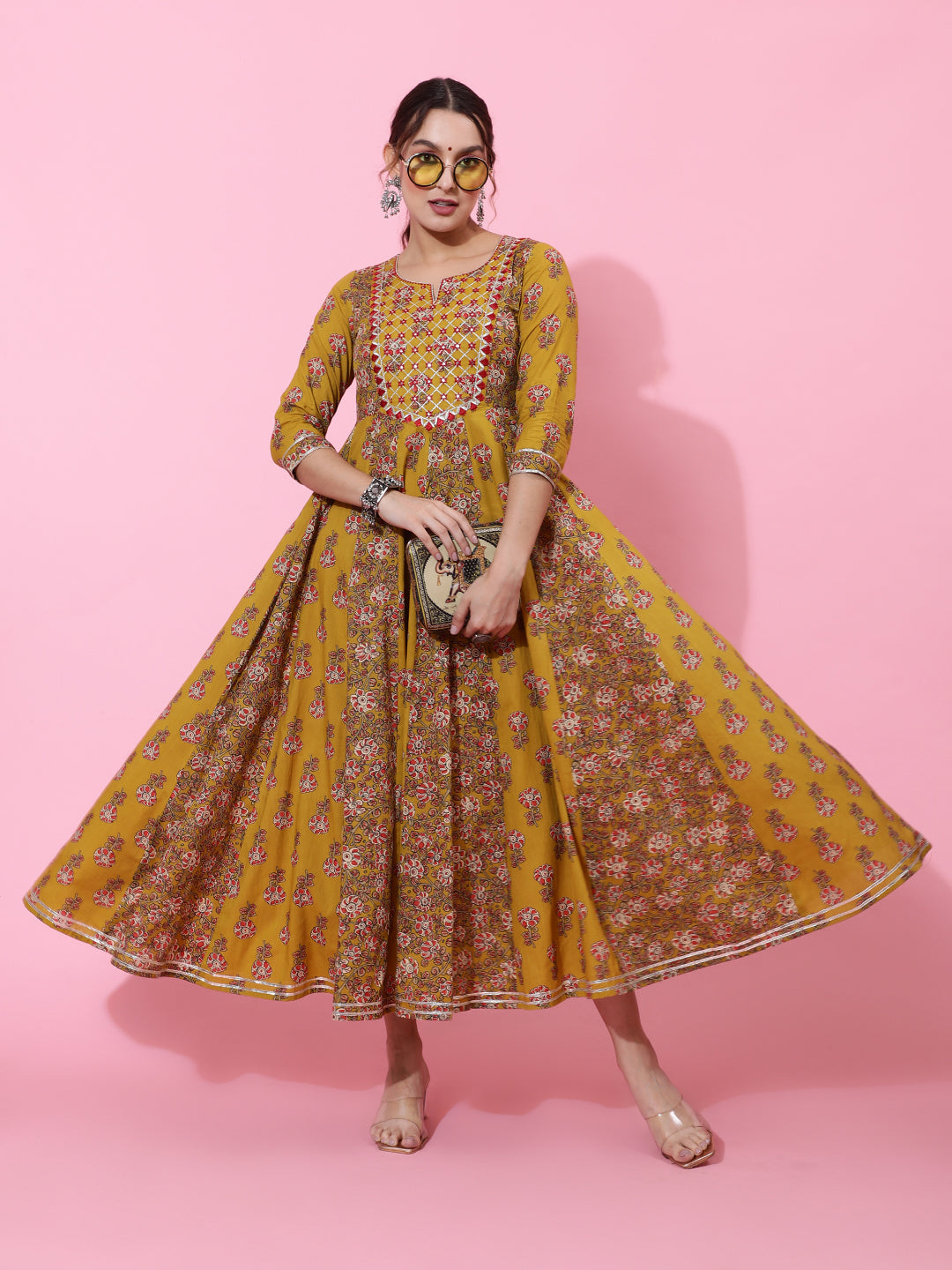 Cotton Ankle Length Printed Flared 3/4 Sleeves Round Neck Kurta