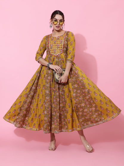 Cotton Ankle Length Printed Flared 3/4 Sleeves Round Neck Kurta