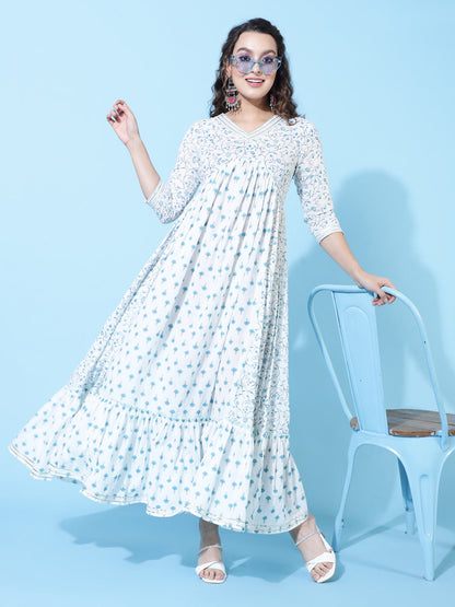 Cotton Ankle Length Printed Flared 3/4 Sleeves V-Neck Kurta