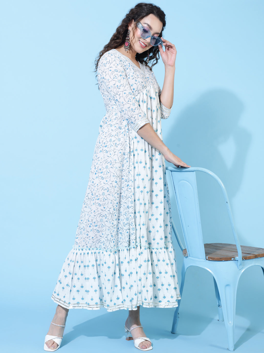 Cotton Ankle Length Printed Flared 3/4 Sleeves V-Neck Kurta