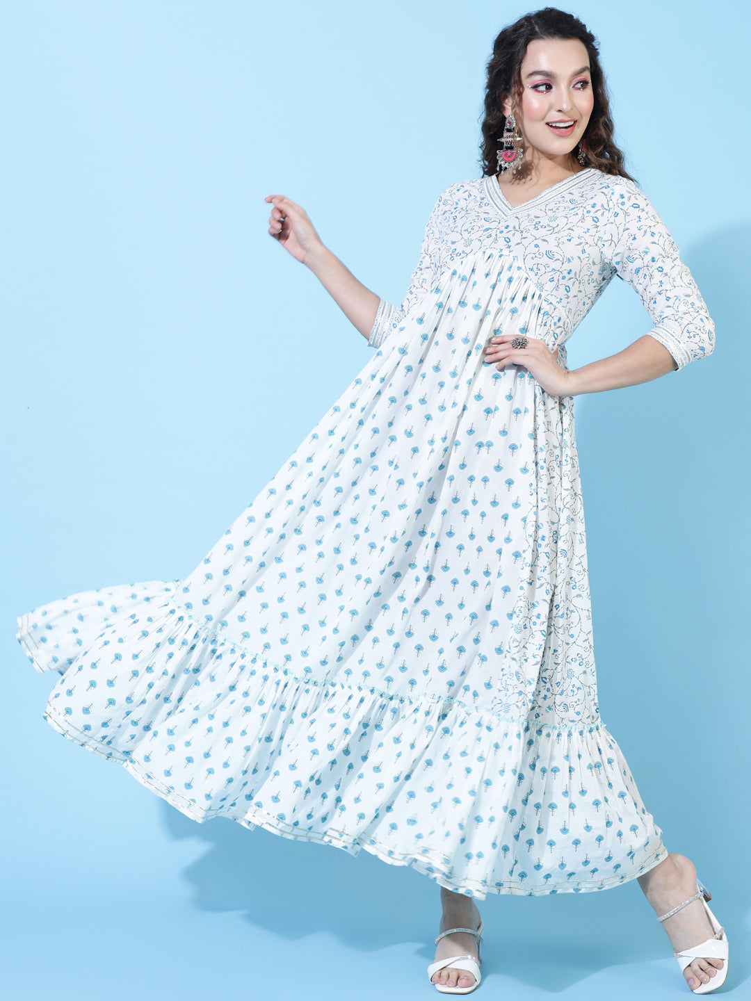 Cotton Ankle Length Printed Flared 3/4 Sleeves V-Neck Kurta