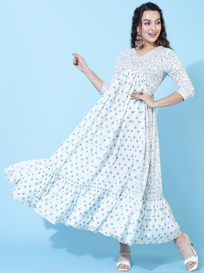 Cotton Ankle Length Printed Flared 3/4 Sleeves V-Neck Kurta