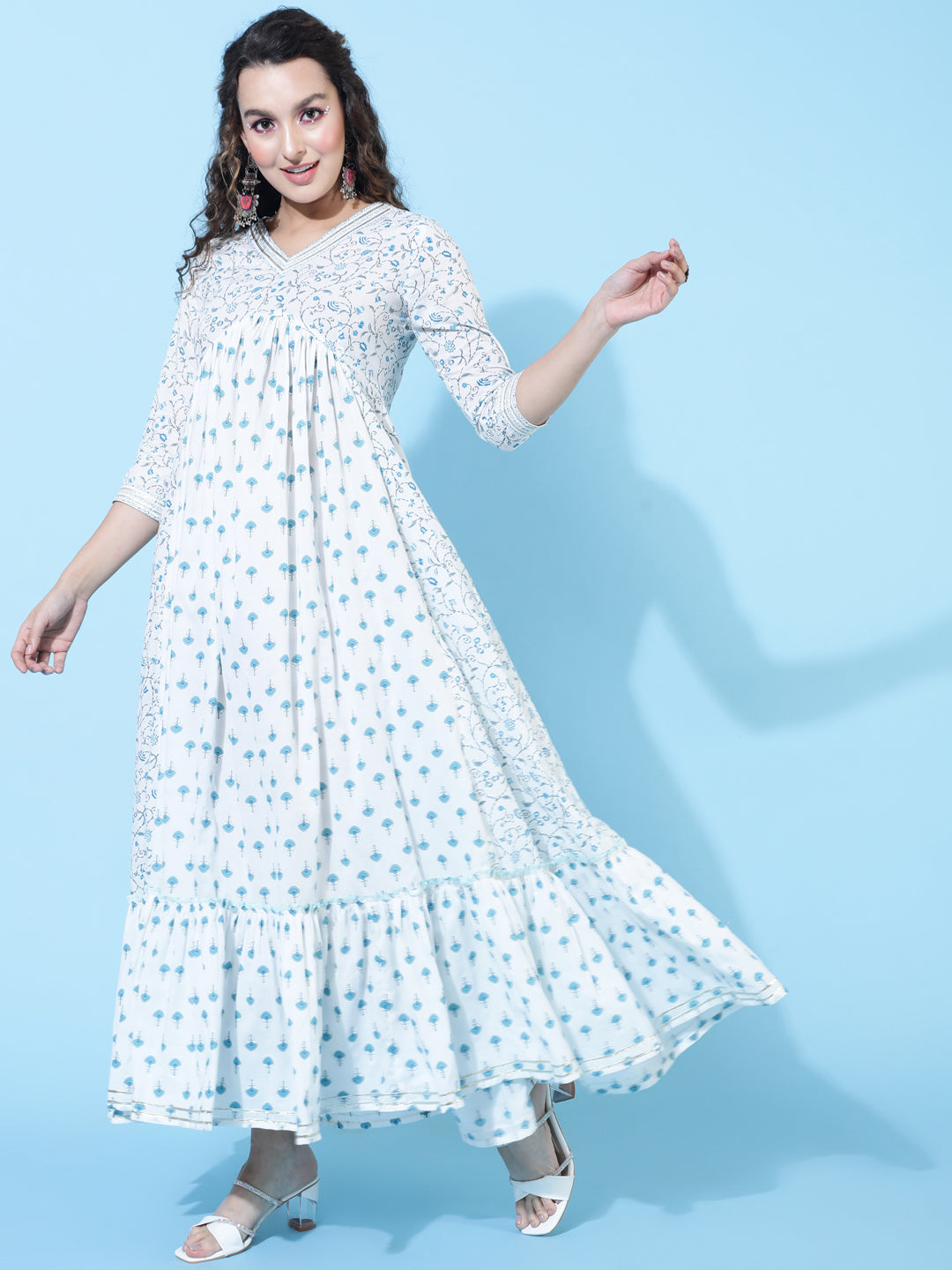 Cotton Ankle Length Printed Flared 3/4 Sleeves V-Neck Kurta