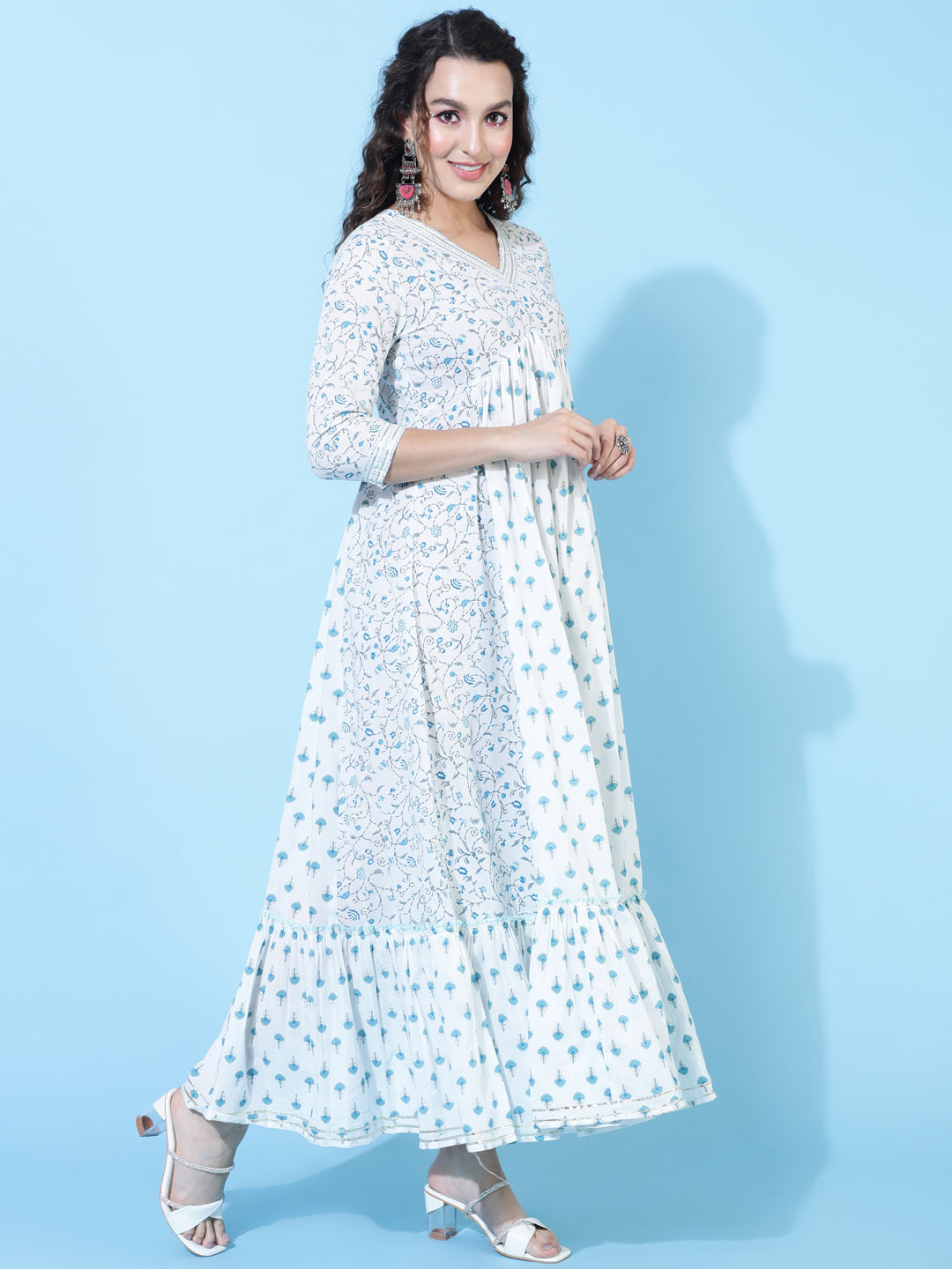Cotton Ankle Length Printed Flared 3/4 Sleeves V-Neck Kurta