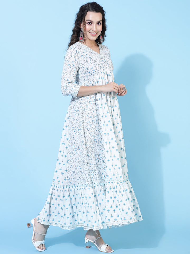 Cotton Ankle Length Printed Flared 3/4 Sleeves V-Neck Kurta