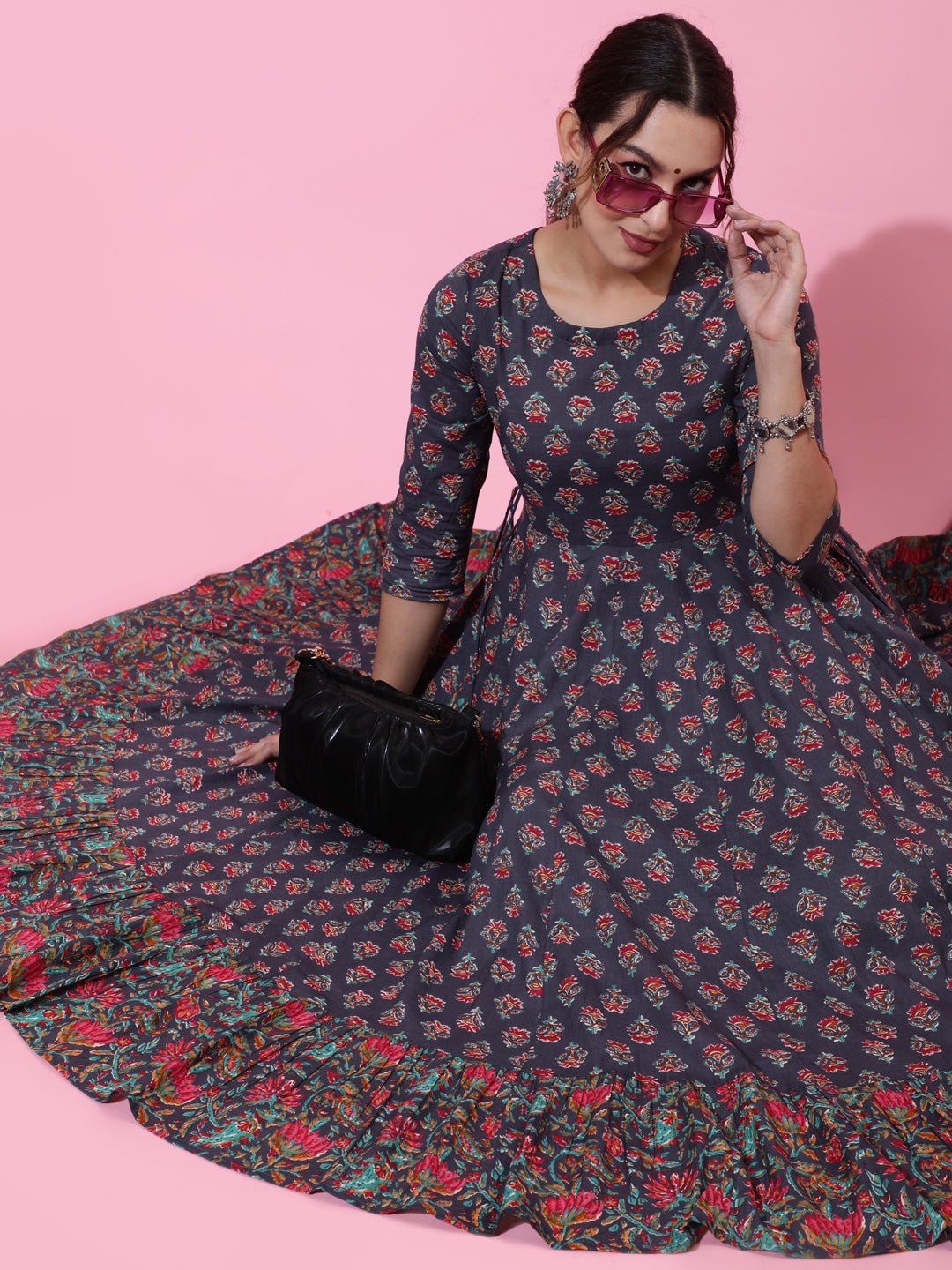 Cotton Calf Length Printed Flared 3/4 Sleeves Round Neck Kurta