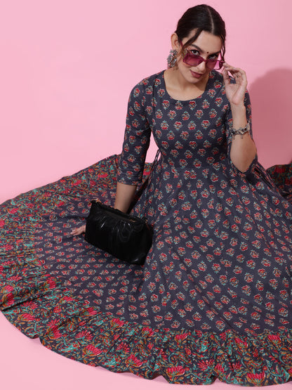Cotton Calf Length Printed Flared 3/4 Sleeves Round Neck Kurta