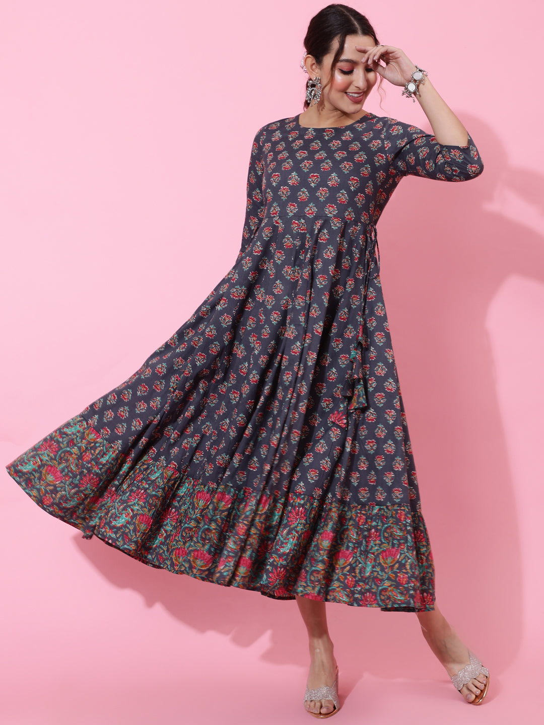 Cotton Calf Length Printed Flared 3/4 Sleeves Round Neck Kurta