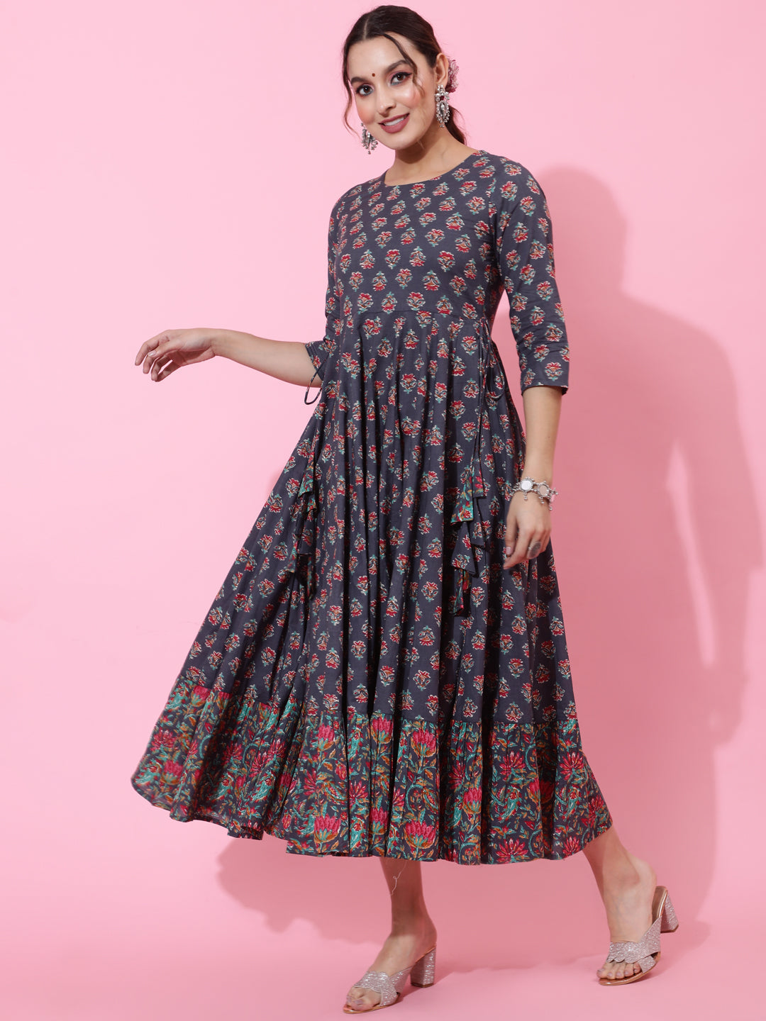 Cotton Calf Length Printed Flared 3/4 Sleeves Round Neck Kurta