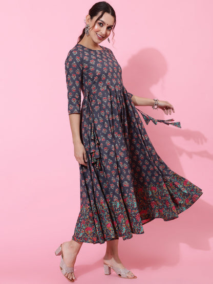 Cotton Calf Length Printed Flared 3/4 Sleeves Round Neck Kurta