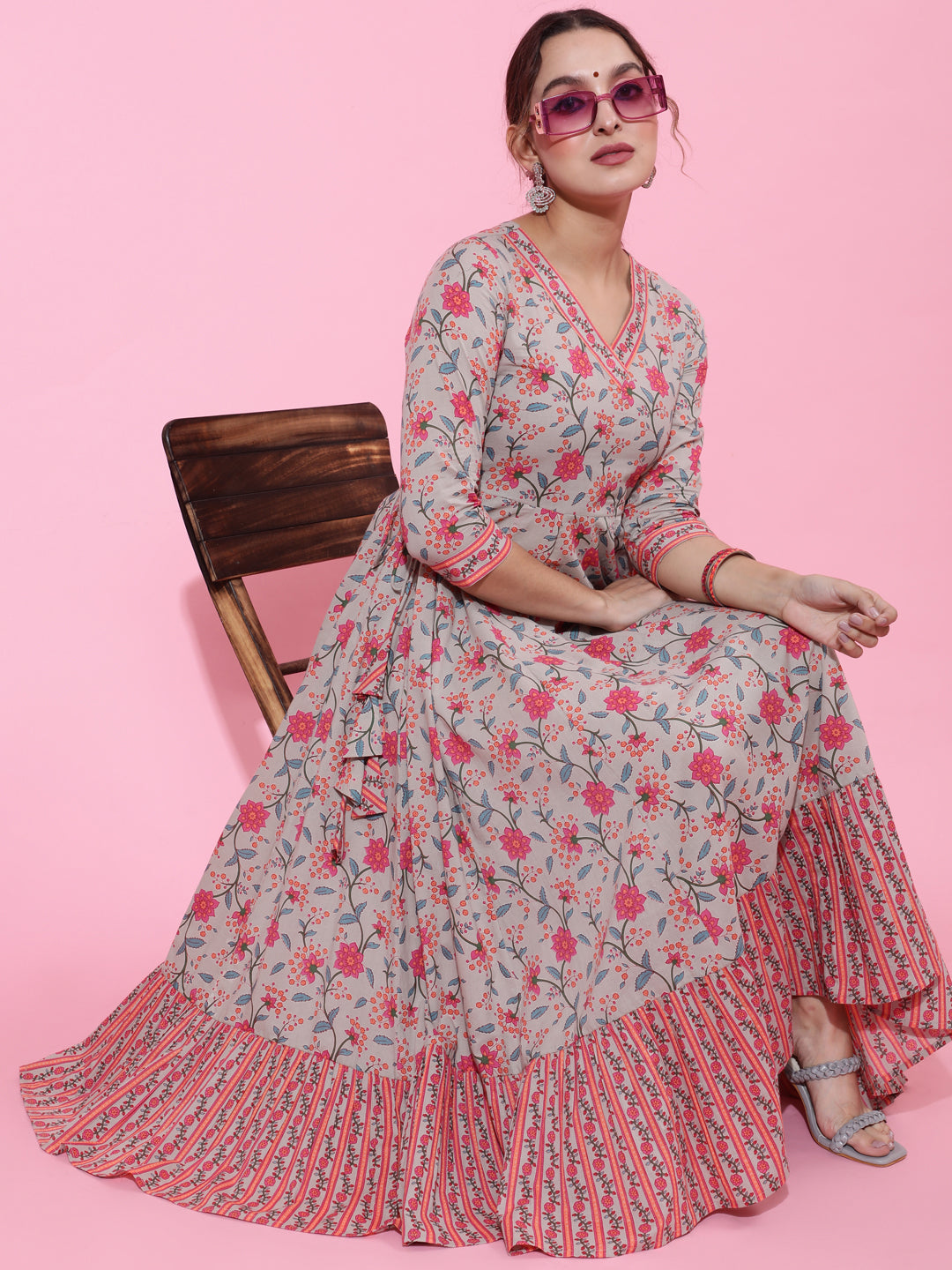 Cotton Calf Length Printed Flared 3/4 Sleeves Round Neck Kurta