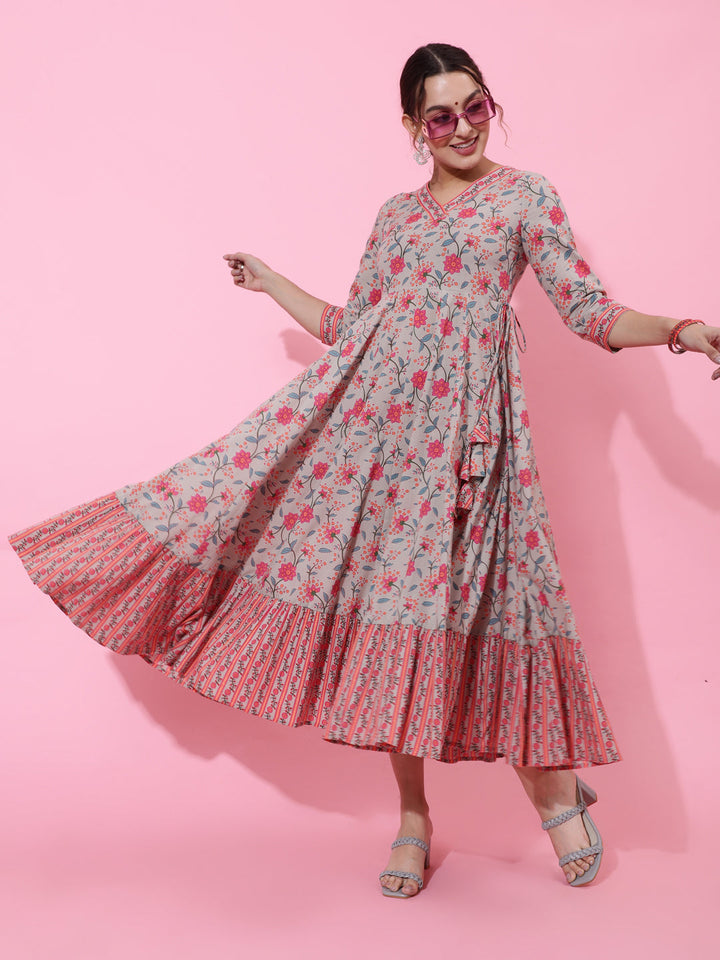 Cotton Calf Length Printed Flared 3/4 Sleeves Round Neck Kurta