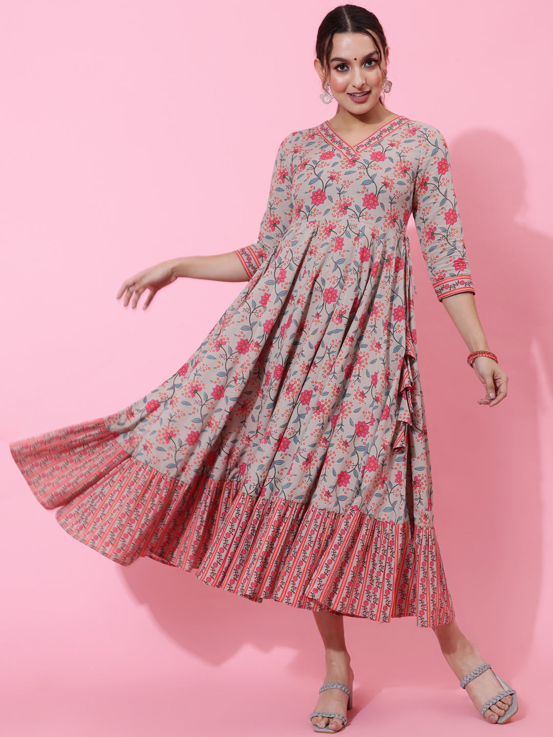Cotton Calf Length Printed Flared 3/4 Sleeves Round Neck Kurta