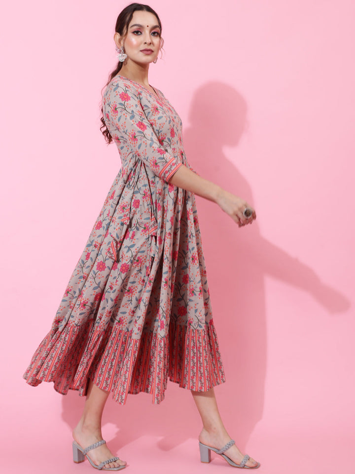 Cotton Calf Length Printed Flared 3/4 Sleeves Round Neck Kurta