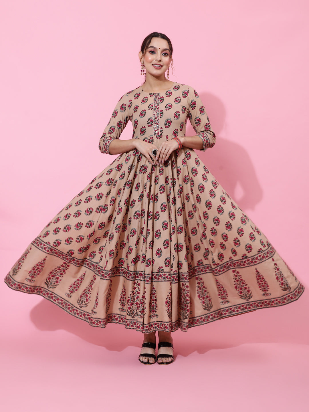 Cotton Ankle Length Printed Flared 3/4 Sleeves Round Neck Kurta