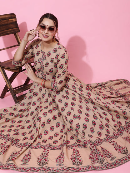 Cotton Ankle Length Printed Flared 3/4 Sleeves Round Neck Kurta