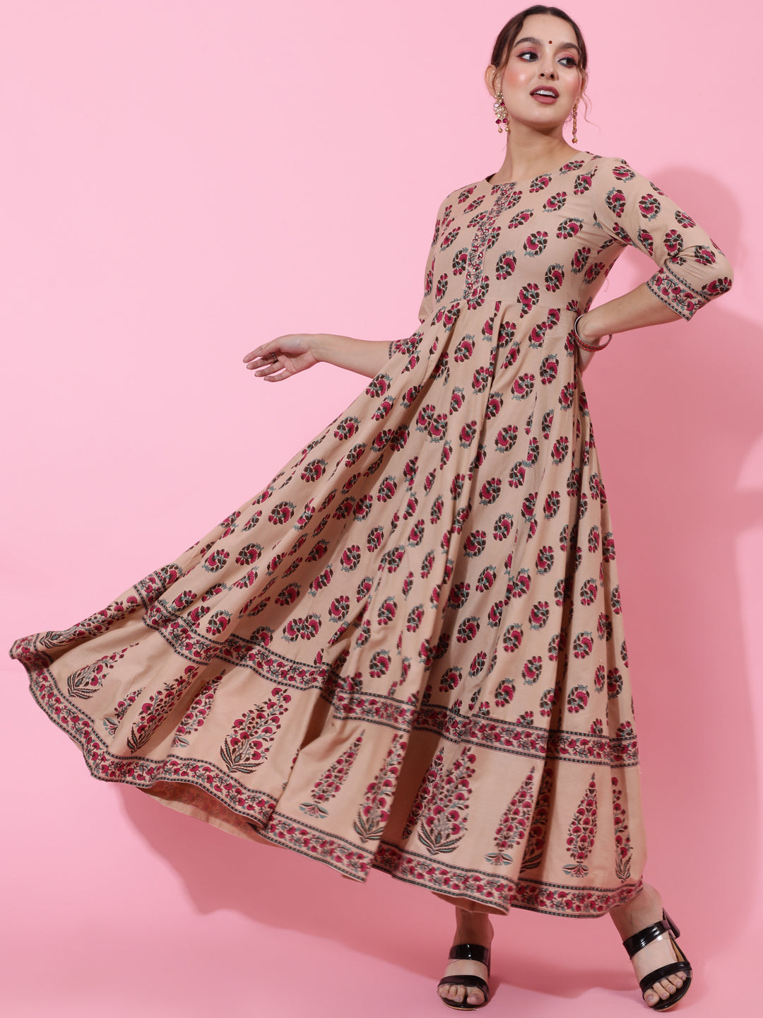 Cotton Ankle Length Printed Flared 3/4 Sleeves Round Neck Kurta