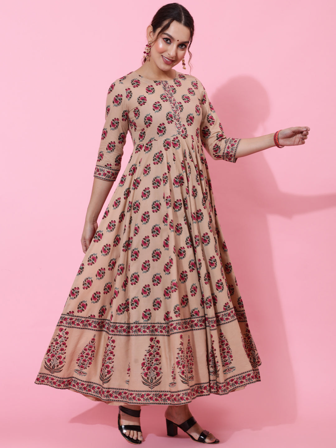 Cotton Ankle Length Printed Flared 3/4 Sleeves Round Neck Kurta