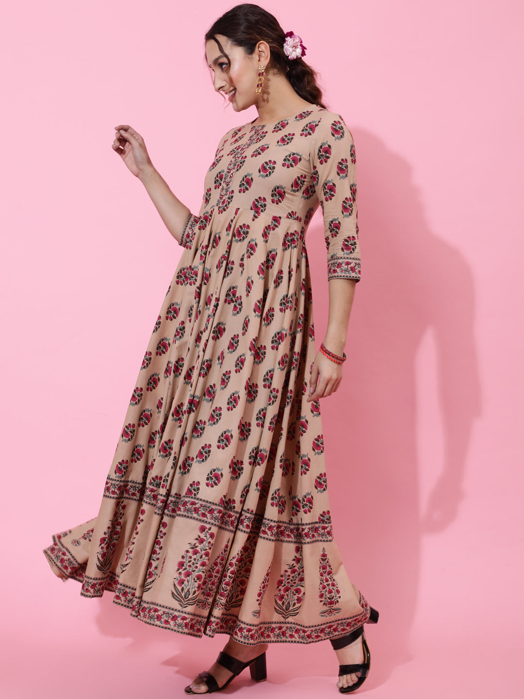 Cotton Ankle Length Printed Flared 3/4 Sleeves Round Neck Kurta