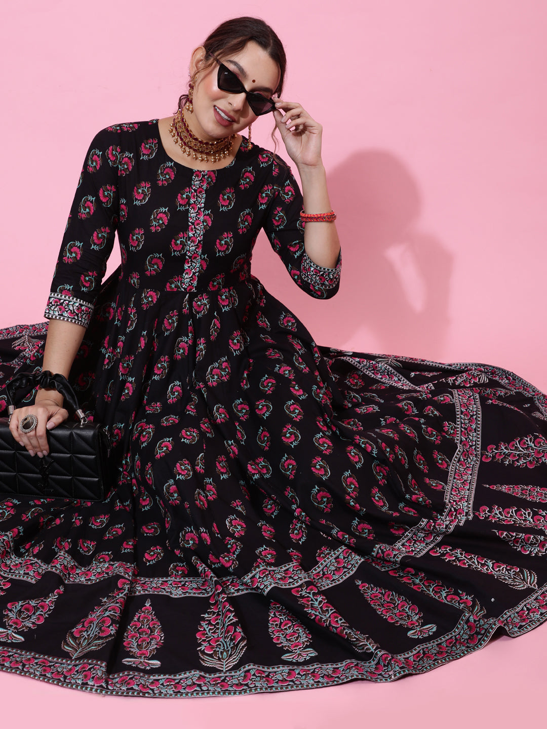 Cotton Ankle Length Printed Flared 3/4 Sleeves Round Neck Kurta