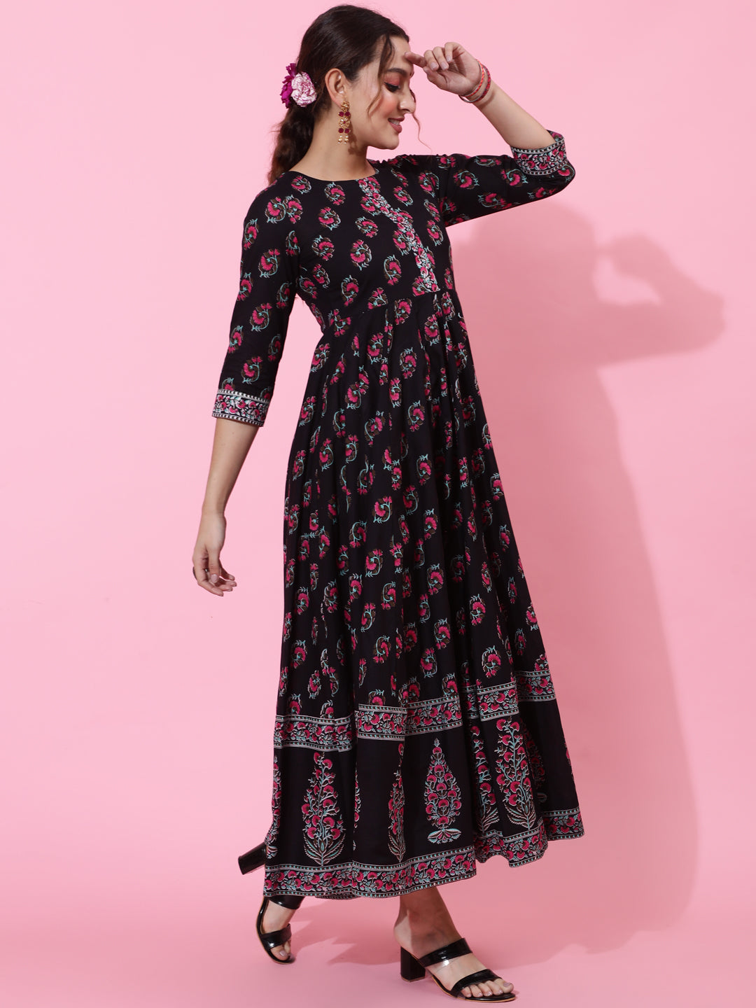 Cotton Ankle Length Printed Flared 3/4 Sleeves Round Neck Kurta